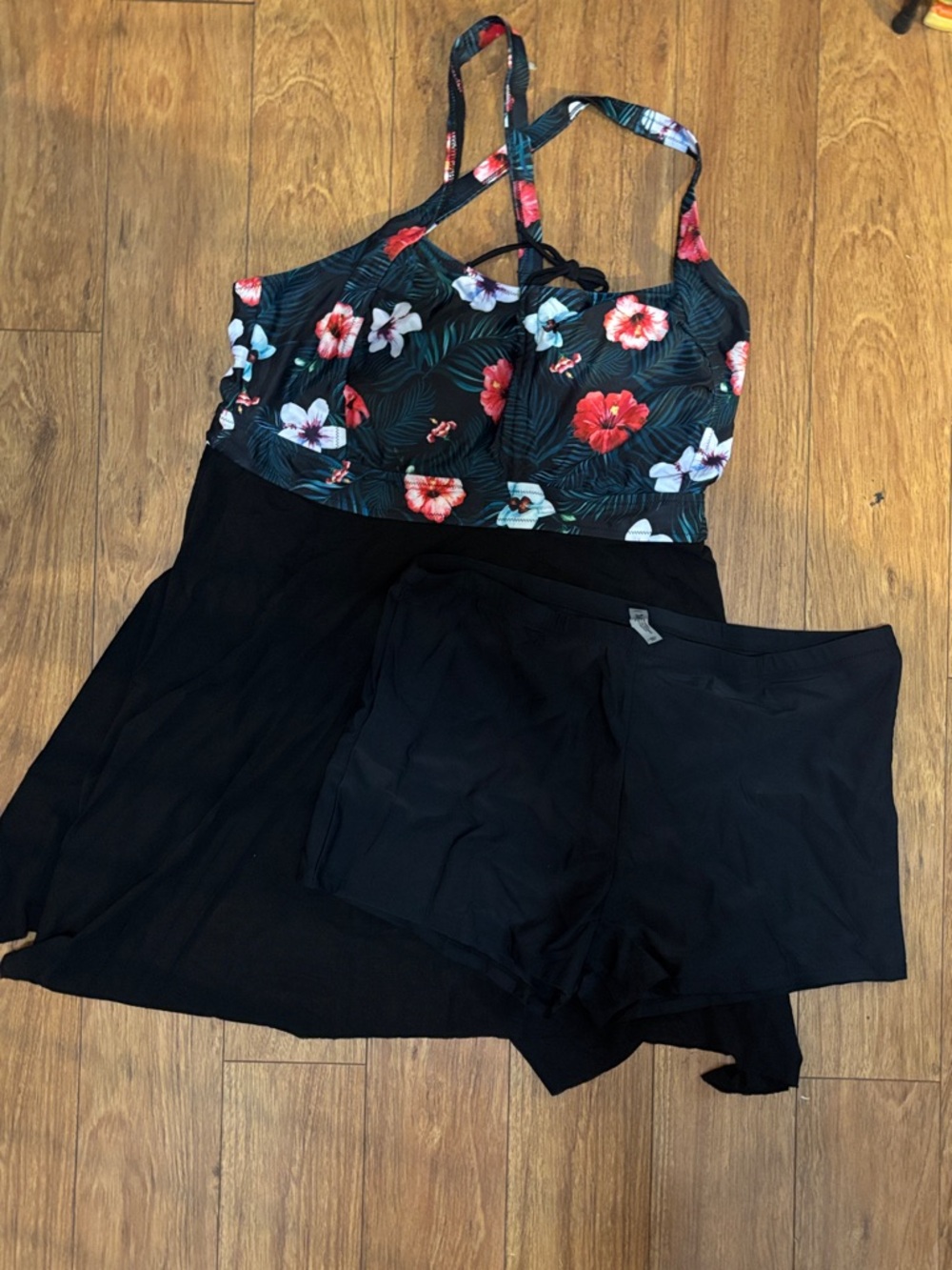 NWT Floral Tankini Swimdress with Black Swim Shorts